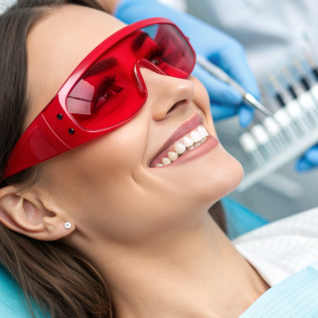 Mulher usando óculos de proteção durante clareamento dental